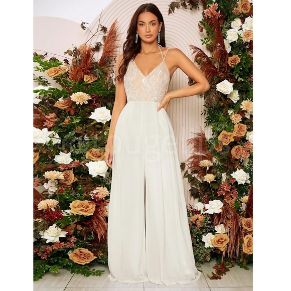 Rouge! Pants - Sequin Detail Jumpsuit Cream + White Flare Wide Leg V-Neck Backless